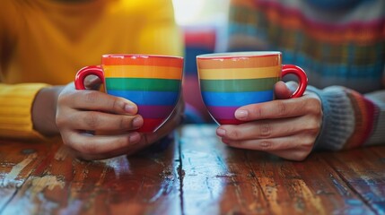 Close-up of LGBTQ couple hands holding coffee cups, with a warm, intimate atmosphere. Colorful symbolizing love, harmony, and diversity of LGBTQ couple