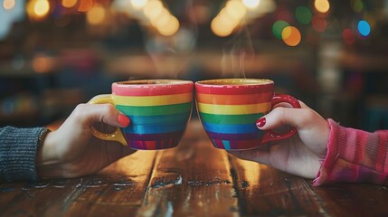 Close-up of LGBTQ couple hands holding coffee cups, with a warm, intimate atmosphere. Colorful symbolizing love, harmony, and diversity of LGBTQ couple
