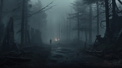 A person is strolling through a misty forest with a natural ambiance