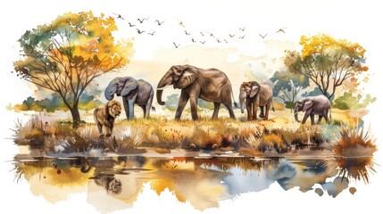 Watercolor painting depicting a family of elephants near a water body with lush trees and birds in a serene landscape.