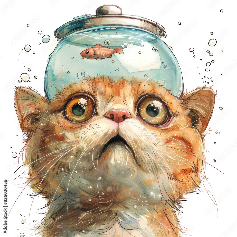 Wall mural a cat with a fish in a fishbowl on its head