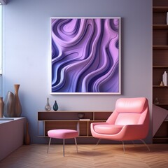 Living room with pink chair and purple painting on wall