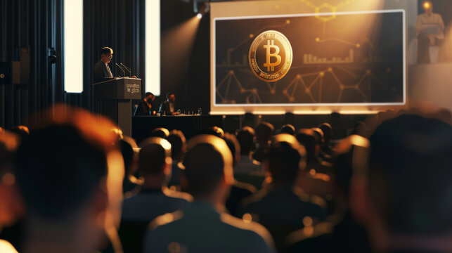 Speaker at a podium presenting on Bitcoin at a conference with an attentive audience.
