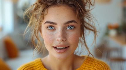 A charming young woman with a radiant smile showcases her natural beauty and flawless skin