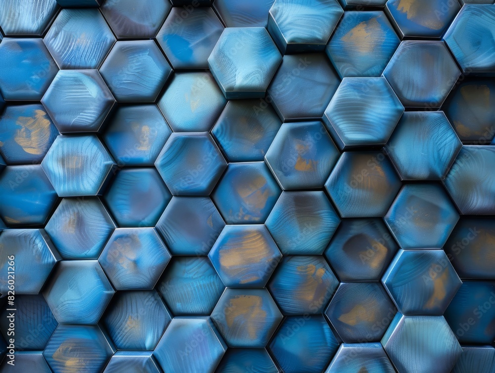 Poster abstract blue honeycomb geometric pattern with hexagonal tiles, creating a textured and modern desig