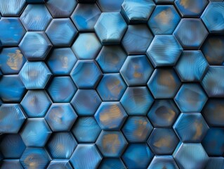 Fototapeta premium Abstract blue honeycomb geometric pattern with hexagonal tiles, creating a textured and modern design for backgrounds or wallpapers.