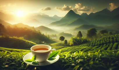 A cup of tea in the middle of a green tea field