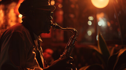 Saxophonist lost in the soulful embrace of a late-night jazz set.