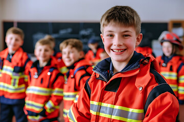 Boys elementary school students smile and wearing firefighter uniforms in the classroom.