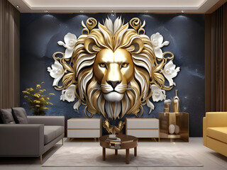 portrait of a lion head ,lion head on a white background ,  luxury living room ,luxury interior room ,modern living room with sofa and lion on wall