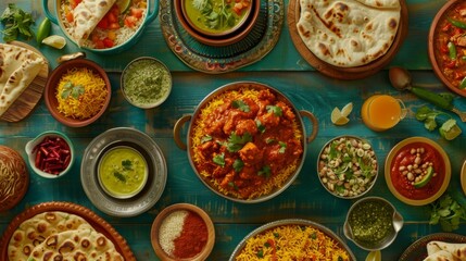 A colorful spread of Indian cuisine, featuring aromatic biryani rice, spicy chicken tikka masala, and fluffy naan bread, inviting a culinary journey.