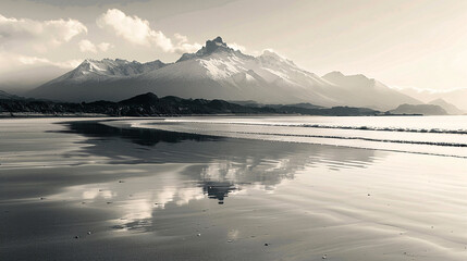 Double exposure of a serene beach merging with a majestic mountain range, capturing the tranquility of the ocean and the grandeur of the peaks.