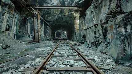 Naklejka premium Train tracks wind through a dark tunnel, surrounded by towering rocks in the underground mine