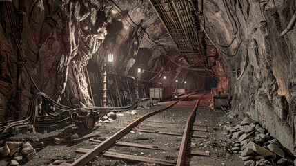 Naklejka premium Mysterious shadows flicker on the walls as light barely reaches the depths of the underground mine tunnel in the darkness