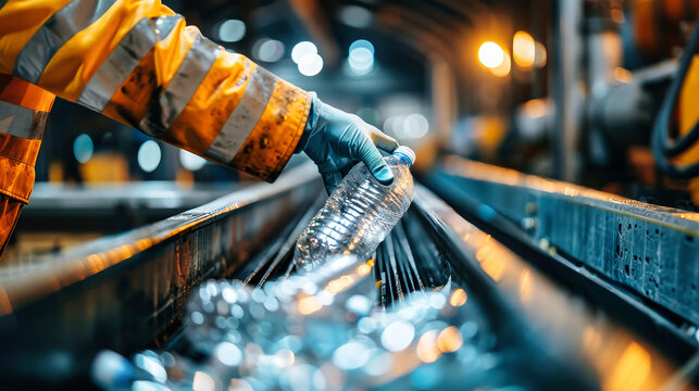 A worker at a waste recycling plant meticulously sorts plastic bottles on a conveyor belt with expert hands