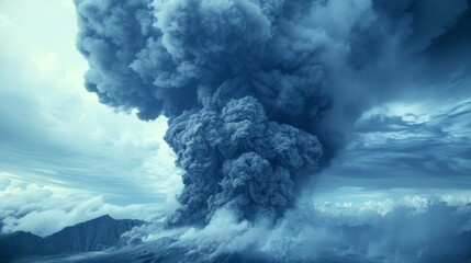 The force of the erupting volcano creating a massive plume of dark ash and smoke.