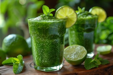 Green Detox Smoothie - Fresh, vibrant green color, garnished with a slice of lime and mint leaves
