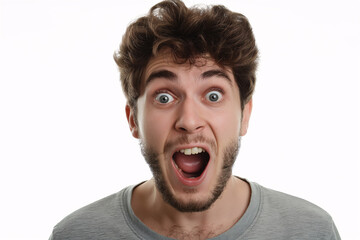 Young Man with Surprised Expression in Grey T-Shirt Isolated on White Background