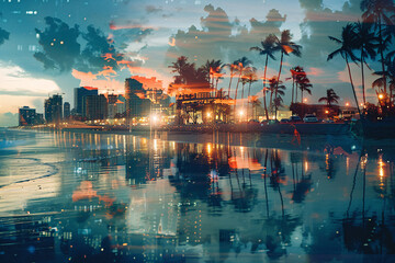 A peaceful beach and a vibrant night city blend together in a double exposure, illustrating the balance between relaxation and excitement.