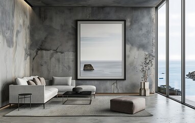 3D rendering of a modern living room interior with a sofa and armchair near a window on a concrete floor and wall background with a black frame mock up in grey color