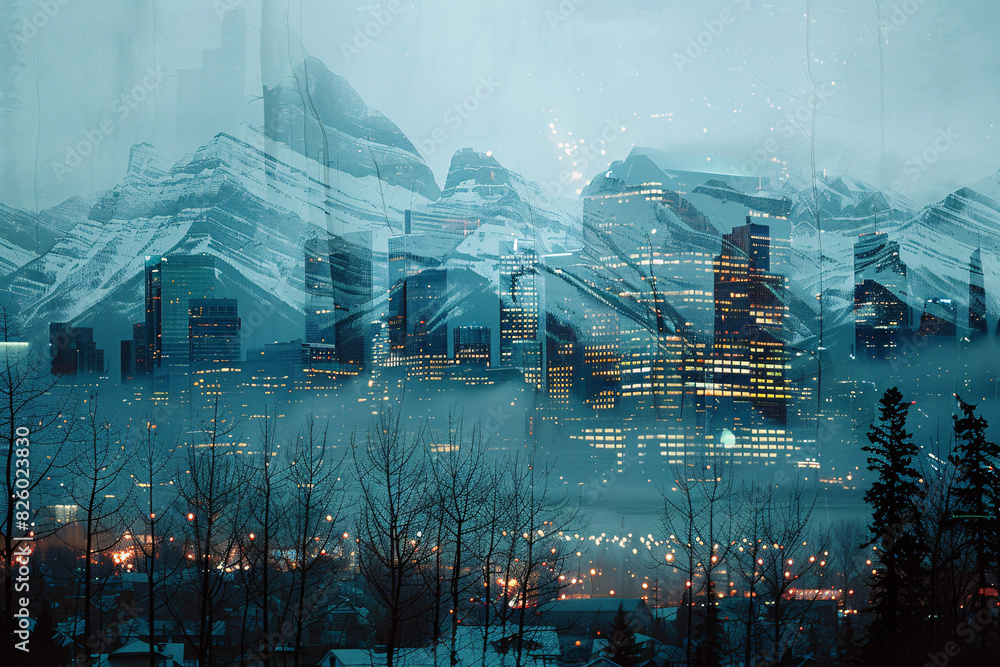 Poster double exposure of a mountain range overlapping with the illuminated skyline of a city at night, cre