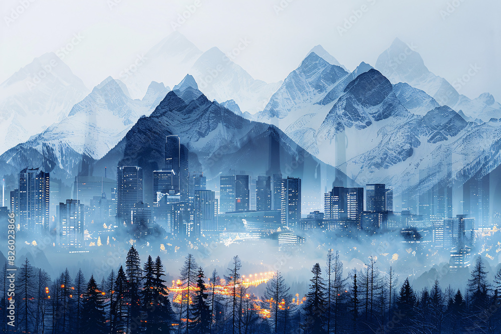 Poster double exposure of a mountain range overlapping with the illuminated skyline of a city at night, cre