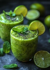 Green Detox Smoothie - Fresh, vibrant green color, garnished with a slice of lime and mint leaves