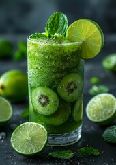 Fototapeta premium Green Detox Smoothie - Fresh, vibrant green color, garnished with a slice of lime and mint leaves