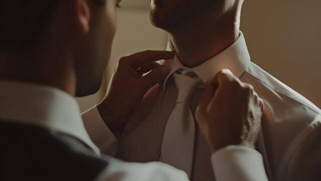 A man receives help with his tie, preparing for a significant formal event.
