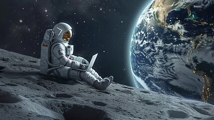 Obraz premium An astronaut sitting on the moon with a laptop against a space background