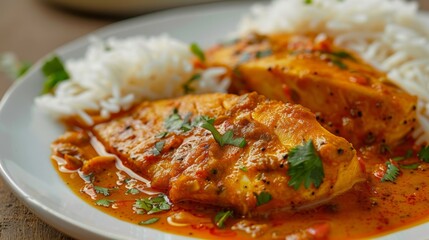 A delicious plate of fish curry, with tender fish fillets simmered in a spicy and tangy tomato-based gravy, served with steamed rice and papadum.
