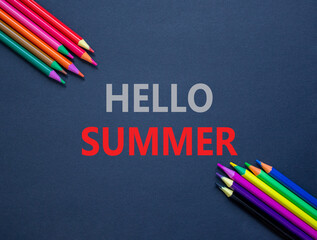 Hello summer symbol. Concept words Hello summer on beautiful black paper. Beautiful black paper...