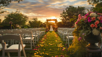 Beautiful Wedding ceremony event in garden at sunset. - Powered by Adobe