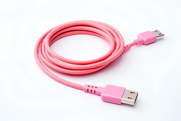 Cord for charging gadgets, isolated on white. Pink USB cable on a white background.