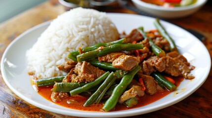 A delicious plate of Pad Phrik King, Thai stir-fried green beans and pork belly in a spicy red...