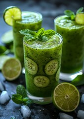 Fototapeta premium Green Detox Smoothie - Fresh, vibrant green color, garnished with a slice of lime and mint leaves