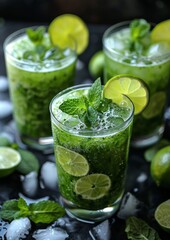 Green Detox Smoothie - Fresh, vibrant green color, garnished with a slice of lime and mint leaves