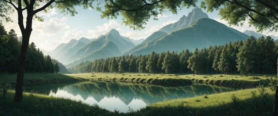 Mountain landscape.Forest panorama.Mirror mountain Lake.Reflection of mountains in water.Blue sky.River valley.Summer landscape.Alpine meadows.Mountains covered with forests.Reserved beautiful place.