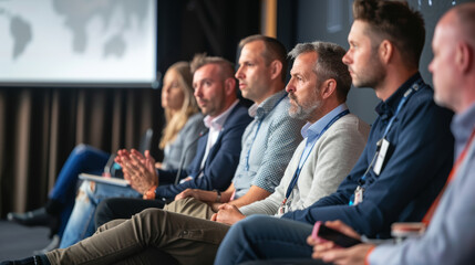 Focused group of professionals engaged in a panel discussion at a business conference.