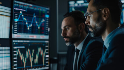 Fototapeta premium Two focused business professionals analyze financial markets on high-tech screens.