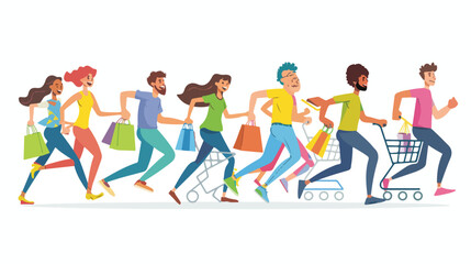 Happy people run to store sale. Vector flat illustration