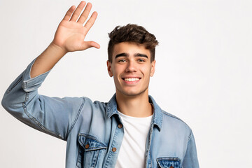 Young Man in Denim Jacket Waving Hand and Smiling at Camera Isolated on White Background