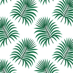 Pattern of tropical and palm leaves. Silhouettes green branches, leaves in minimalist flat style. Exotic summer background with leaves on white background. Print for gift wrapping, fabric, textile
