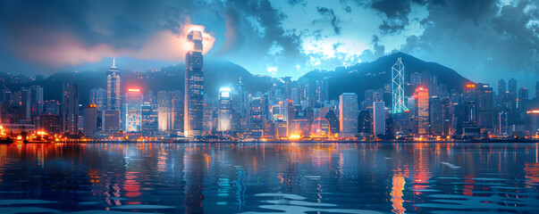 A mountain range seamlessly combined with the bright lights of a night city through double exposure, creating a striking visual contrast.