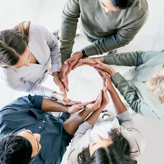 Teamwork, business people and hands in circle for synergy, support and solidarity for workflow. Diversity, collaboration and cooperation for motivation, goal and integration of corporate staff
