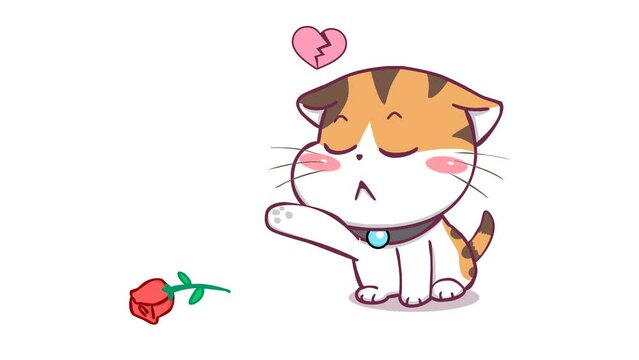 Animated Little Cat Heartbroken Throwing Roses Away - White Background