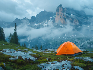 there is a tent pitched up on a rocky hill with a mountain in the background