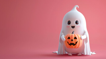 3D cartoon ghost holding pumpkin, Halloween theme.