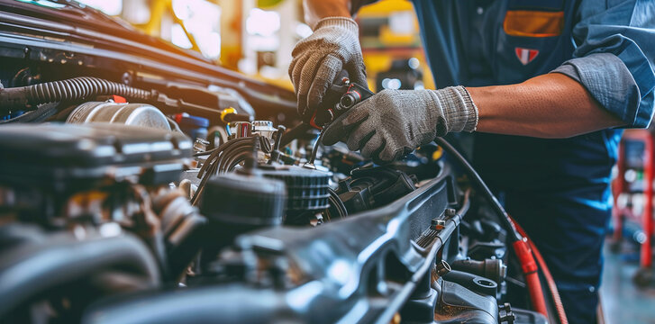 Mechanic fixing car engine in garage for car repair service. Concept Car Repair.