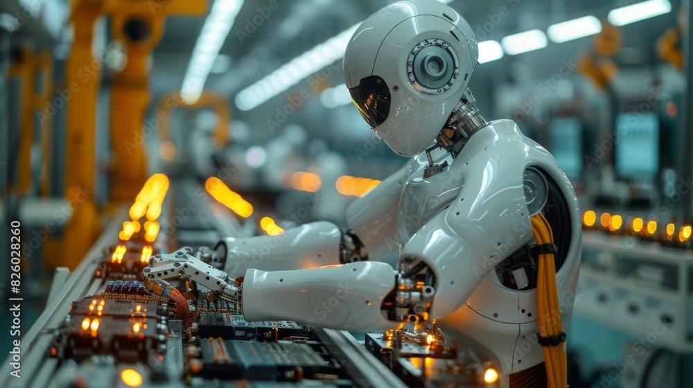 Poster robot handling complex electronic parts in modern workshop, advanced tech concept with room for copy